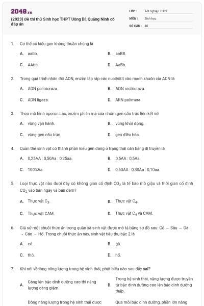 (2023) Đề thi thử Sinh học THPT Uông Bí, Quảng Ninh có đáp án