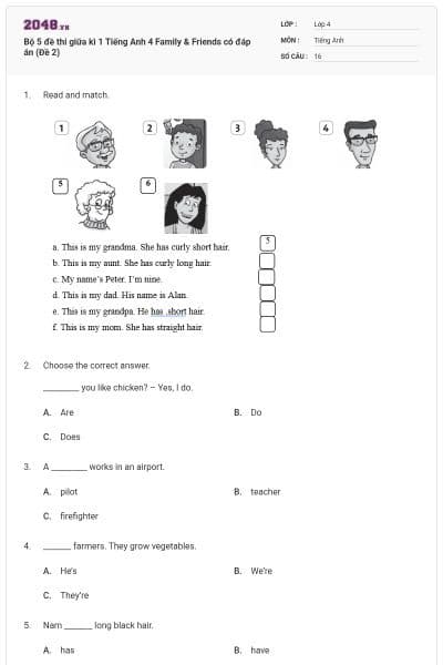 Bộ 5 đề thi giữa kì 1 Tiếng Anh 4 Family & Friends có đáp án (Đề 2)