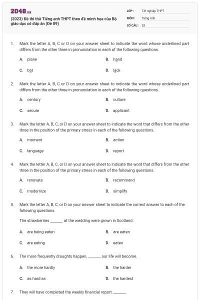 (2023) Đề thi thử Tiếng anh THPT theo đề minh họa của Bộ giáo dục có đáp án (Đề 89)