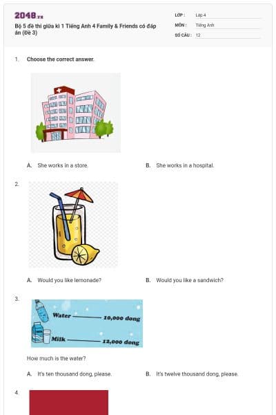 Bộ 5 đề thi giữa kì 1 Tiếng Anh 4 Family & Friends có đáp án (Đề 3)