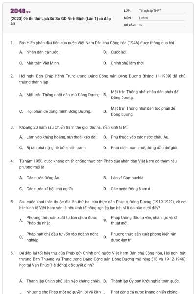(2023) Đề thi thử Lịch Sử Sở GD Ninh Bình (Lần 1) có đáp án