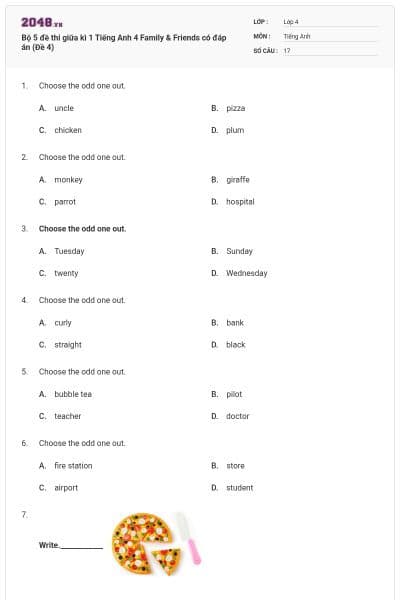 Bộ 5 đề thi giữa kì 1 Tiếng Anh 4 Family & Friends có đáp án (Đề 4)