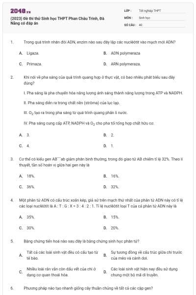(2023) Đề thi thử Sinh học THPT Phan Châu Trinh, Đà Nẵng có đáp án