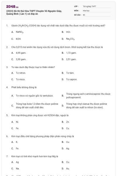 (2023) Đề thi thử Hóa THPT Chuyên Võ Nguyên Giáp, Quảng Bình ( Lần 1) có đáp án