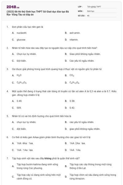 (2023) Đề thi thử Sinh học THPT Sở Giaó dục đào tạo Bà Rịa- Vũng Tàu có đáp án