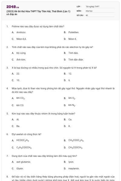 (2023) Đề thi thử Hóa THPT Tây Tiền Hải, Thái Bình (Lần 1) có đáp án