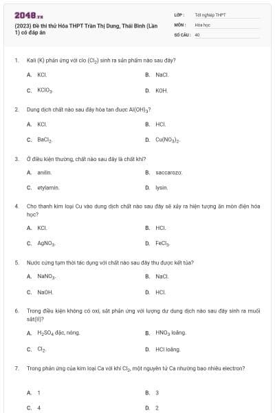 (2023) Đề thi thử Hóa THPT Trần Thị Dung, Thái Bình (Lần 1) có đáp án