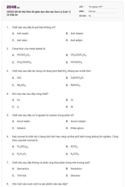 (2023) Đề thi thử Hóa Sở giáo dục đào tạo Sơn La (Lần 1) có đáp án