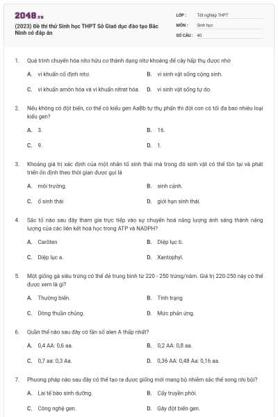 (2023) Đề thi thử Sinh học THPT Sở Giaó dục đào tạo Bắc Ninh có đáp án