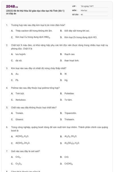 (2023) Đề thi thử Hóa Sở giáo dục đào tạo Hà Tĩnh (Đề 1) có đáp án