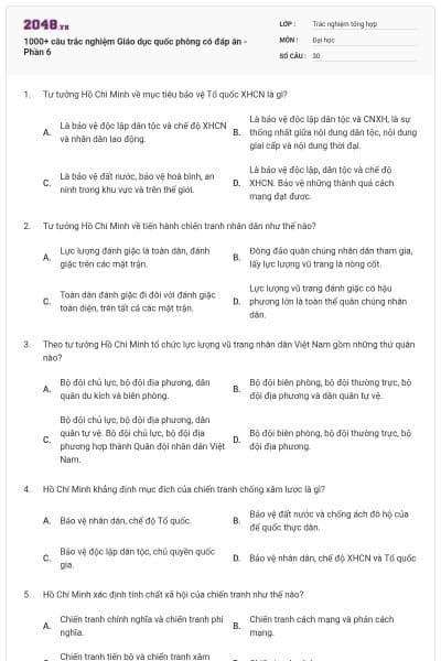 1000+ câu trắc nghiệm Giáo dục quốc phòng có đáp án - Phần 6