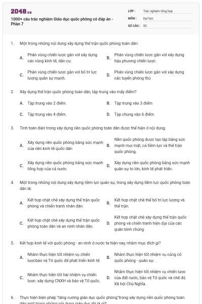 1000+ câu trắc nghiệm Giáo dục quốc phòng có đáp án - Phần 7