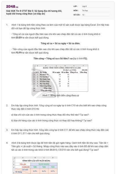 Giải SGK Tin 8 CTST Bài 5: Sử dụng địa chỉ tương đối, tuyệt đối trong công thức (có đáp án)