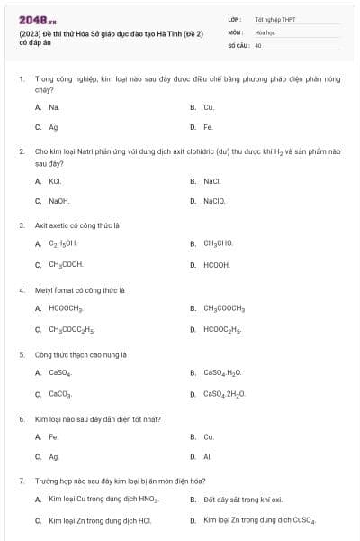 (2023) Đề thi thử Hóa Sở giáo dục đào tạo Hà Tĩnh (Đề 2) có đáp án