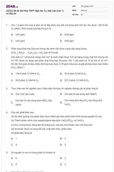 (2023) Đề thi thử Hóa THPT Ngô Gia Tự, Đắk Lắk (Lần 1) có đáp án