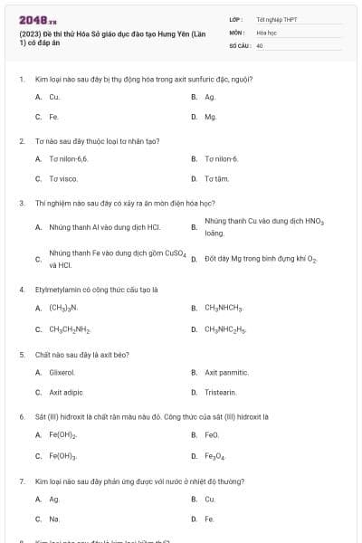 (2023) Đề thi thử Hóa Sở giáo dục đào tạo Hưng Yên (Lần 1) có đáp án