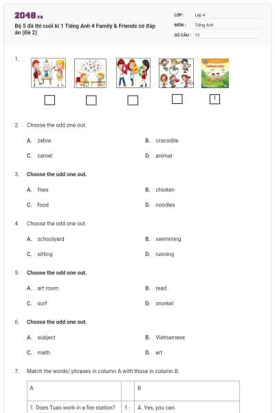 Bộ 5 đề thi cuối kì 1 Tiếng Anh 4 Family & Friends có đáp án (Đề 2)