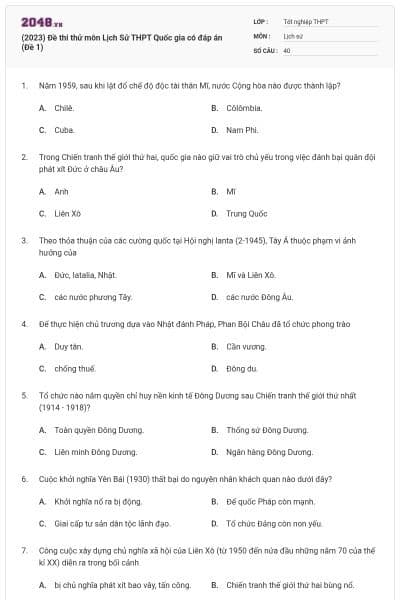 (2023) Đề thi thử môn Lịch Sử THPT Quốc gia có đáp án (Đề 1)