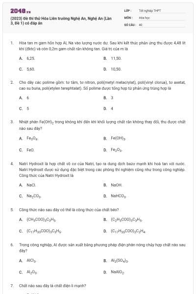 (2023) Đề thi thử Hóa Liên trường Nghệ An, Nghệ An (Lần 3, Đề 1) có đáp án