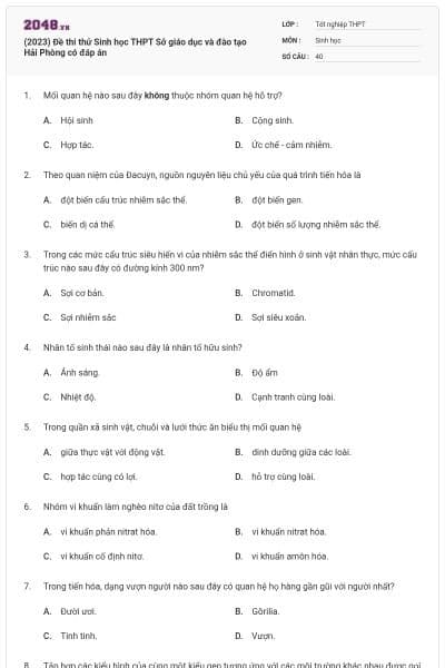 (2023) Đề thi thử Sinh học THPT Sở giáo dục và đào tạo Hải Phòng có đáp án