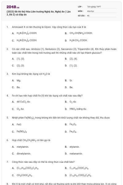 (2023) Đề thi thử Hóa Liên trường Nghệ An, Nghệ An ( Lần 3, Đề 2) có đáp án