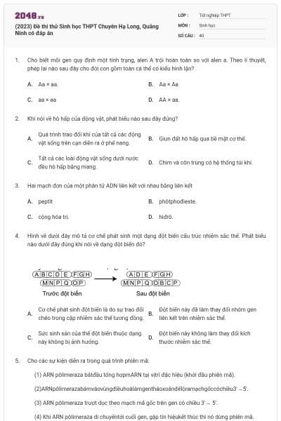 (2023) Đề thi thử Sinh học THPT Chuyên Hạ Long, Quãng Ninh có đáp án