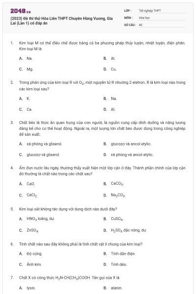 (2023) Đề thi thử Hóa Liên THPT Chuyên Hùng Vương, Gia Lai (Lần 1) có đáp án