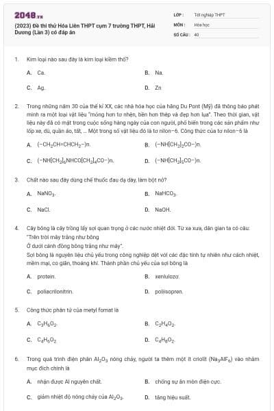 (2023) Đề thi thử Hóa Liên THPT cụm 7 trường THPT, Hải Dương (Lần 3) có đáp án