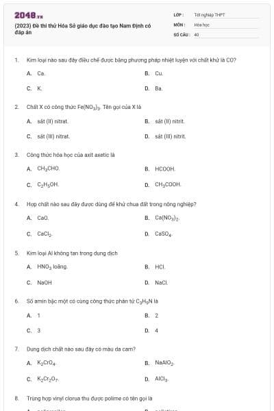 (2023) Đề thi thử Hóa Sở giáo dục đào tạo Nam Định có đáp án