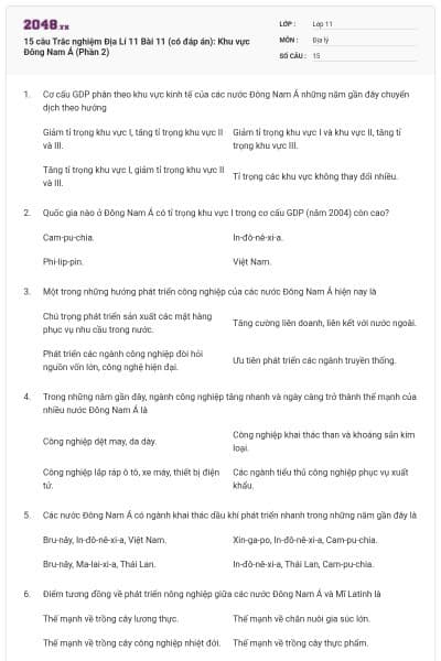 15 câu Trắc nghiệm Địa Lí 11 Bài 11 (có đáp án): Khu vực Đông Nam Á (Phần 2)