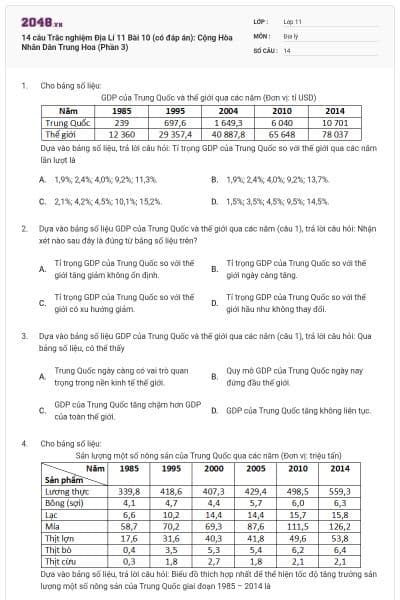 14 câu   Trắc nghiệm Địa Lí 11 Bài 10 (có đáp án): Cộng Hòa Nhân Dân Trung Hoa (Phần 3)