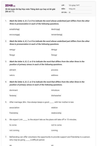 30 đề luyện thi Đại Học môn Tiếng Anh cực hay có lời giải (Đề số 11)