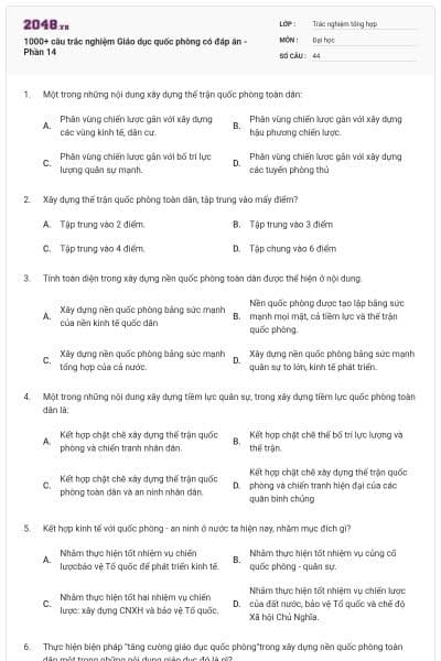 1000+ câu trắc nghiệm Giáo dục quốc phòng có đáp án - Phần 14