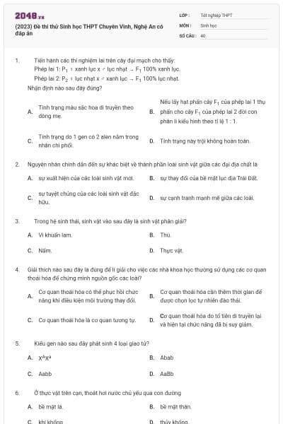 (2023) Đề thi thử Sinh học THPT Chuyên Vinh, Nghệ An có đáp án