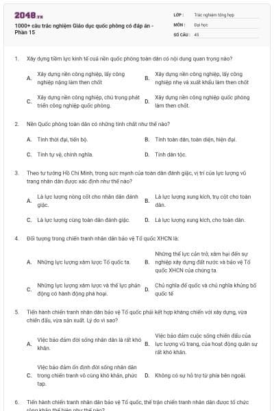 1000+ câu trắc nghiệm Giáo dục quốc phòng có đáp án - Phần 15
