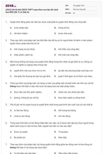 (2023) Đề thi thử GDCD THPT soạn theo ma trận đề minh họa BGD (Đề 7) có đáp án