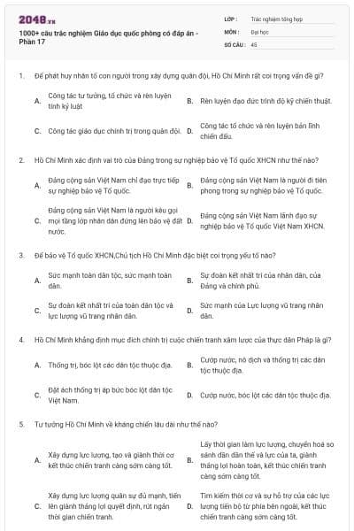 1000+ câu trắc nghiệm Giáo dục quốc phòng có đáp án - Phần 17