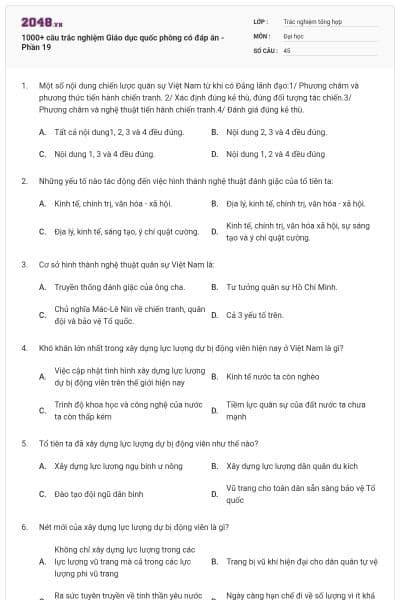 1000+ câu trắc nghiệm Giáo dục quốc phòng có đáp án - Phần 19