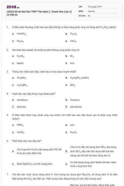 (2023) Đề thi thử Hóa THPT Yên Định 2, Thanh Hóa (Lần 2) có đáp án