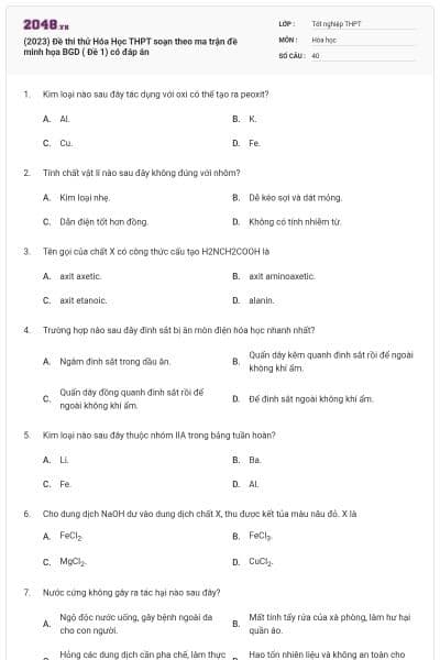 (2023) Đề thi thử Hóa Học THPT soạn theo ma trận đề minh họa BGD ( Đề 1) có đáp án