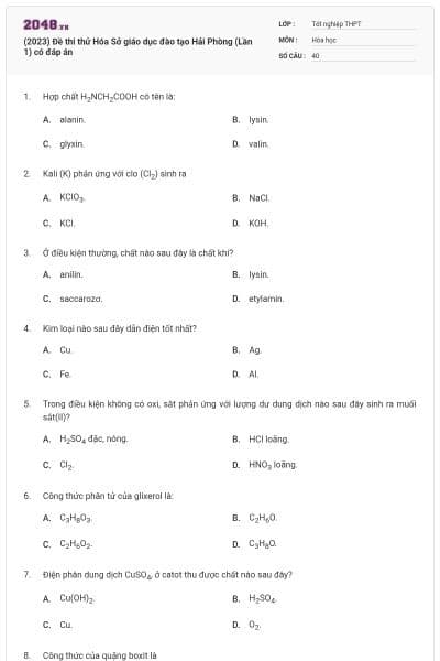 (2023) Đề thi thử Hóa Sở giáo dục đào tạo Hải Phòng (Lần 1) có đáp án