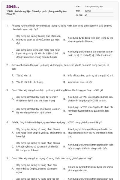 1000+ câu trắc nghiệm Giáo dục quốc phòng có đáp án - Phần 23