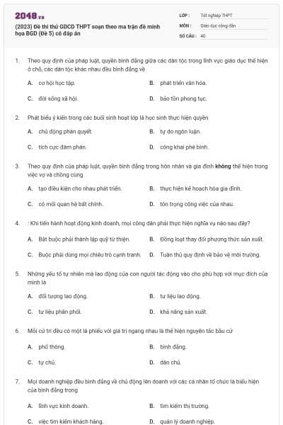 (2023) Đề thi thử GDCD THPT soạn theo ma trận đề minh họa BGD (Đề 5) có đáp án