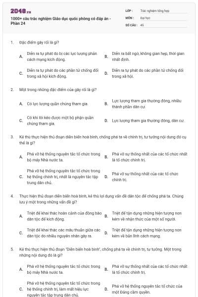 1000+ câu trắc nghiệm Giáo dục quốc phòng có đáp án - Phần 24