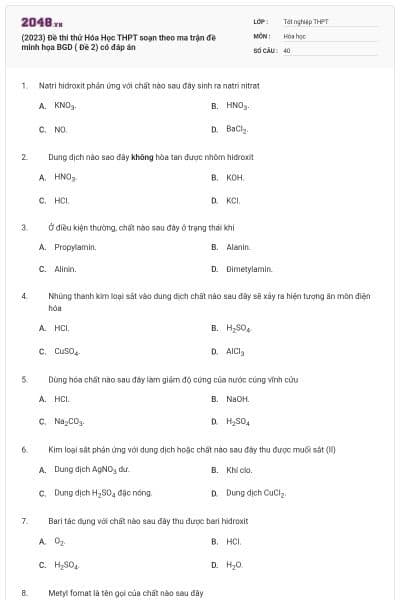 (2023) Đề thi thử Hóa Học THPT soạn theo ma trận đề minh họa BGD ( Đề 2) có đáp án