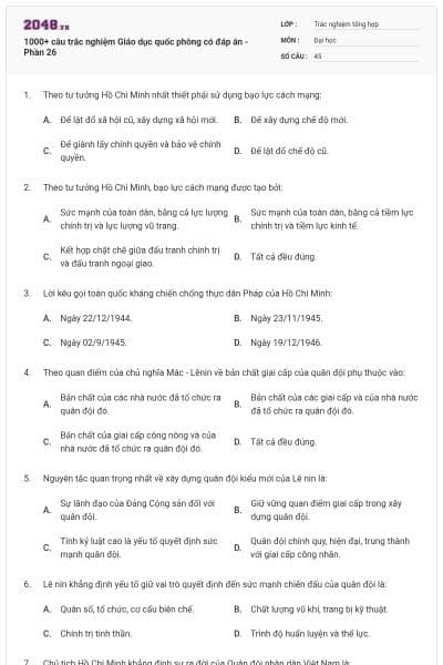 1000+ câu trắc nghiệm Giáo dục quốc phòng có đáp án - Phần 26