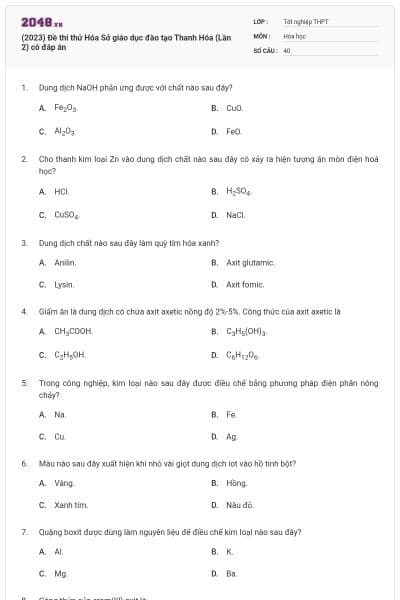 (2023) Đề thi thử Hóa Sở giáo dục đào tạo Thanh Hóa (Lần 2) có đáp án
