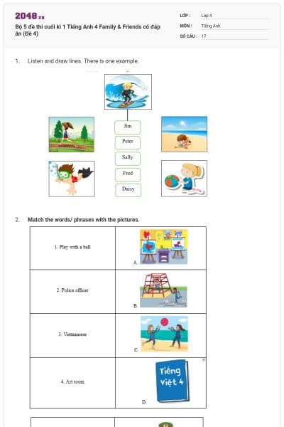 Bộ 5 đề thi cuối kì 1 Tiếng Anh 4 Family & Friends có đáp án (Đề 4)