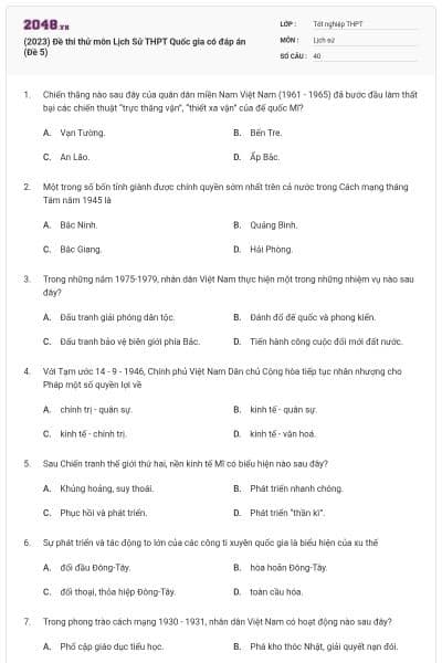 (2023) Đề thi thử môn Lịch Sử THPT Quốc gia có đáp án (Đề 5)