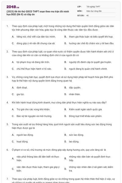 (2023) Đề thi thử GDCD THPT soạn theo ma trận đề minh họa BGD (Đề 8) có đáp án
